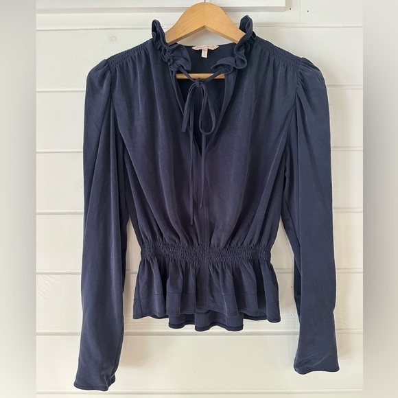 REBECCA TAYLOR Slit V-Neck Navy Long Sleeve Blouse Flattering Romantic Ruffles - Picture 3 of 13